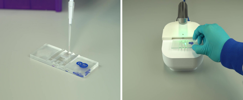 Figure 4. The CytoSMART Exact FL is compatible with a range of glass (left) or plastic slides, as long as the chamber depth does not  exceed 0.1 mm (cell counting) and 0.2 mm (organoid counting). In addition, the device is equipped with a plastic stage cover (right)  to prevent environmental light from having an effect on fluorescence cell counting
